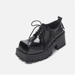 Dress Shoes Women Square Toe Leather Mary Janes Girls JK Uniform High Heel Lace Up Platform Pumps Female Thick Bottom Oxfords