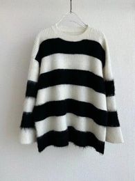 Women's Sweaters Fashion Contrast Wide Striped Loose Knitted Mohair Sweater For Women 2023 High Quality O-Neck Long Sleeve Fluffy Jumper