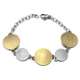 Religious San Benito Bracelet For Women Stainless Steel Bracelets Gold St Benedict Cross Charm Fashion Jewellery Coin Gift 2020242P