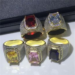 Cluster Rings Luxury Big Male Purple Yellow Geometric Ring Zircon Stone Engagement 18K Gold Large Wedding For Men198G