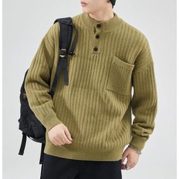 Men's Sweaters Retro Solid Half Open Neck Sweater Autumn Winter Loose Tide Heavyweight Knit Button Warm Soft