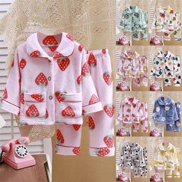 Kids Thicken Warm Flannel Pyjamas Autumn Winter Baby Boys Girls Cartoon Long Sleeve Lapel Clothing Sets Sleepwear Pyjamas 231226