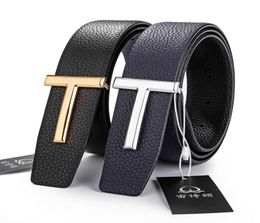 T copper buckle 38cm wide leisure business gift litchi pattern perforated leather belt9408684