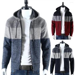 Men's Sweaters Men Winter Fall Sweater Jacket Colorblock Knitted Hooded Drawstring Thick Long Sleeve Warm Zipper Closure Mid Length Cardiga