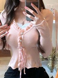 Women's Sweaters Korean Knitted Sweater Cardigan Women Winter Long Sleeve V Neck Crop Top Female Fashion Ruffles Drawstring Sweet Y2K