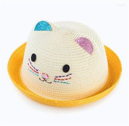Berets Children Straw Hat Cute Summer Cat Ear Decoration Sun Hats For Kids Girls Boys Solid Floppy Beach Cap Panama9941929