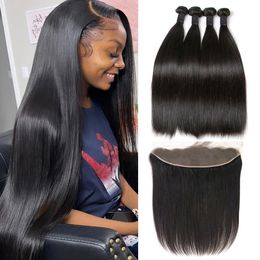 Human Hair Bundles With 13x4 Frontal Brazilian Straight Weave 3 Remy 231226