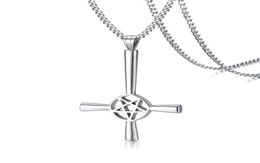 Large Silver Inverted Cross Occult Pentagram Necklace in Stainless Steel Satanic Gothic Satan Jewelry8680520