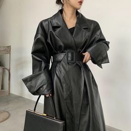 Lautaro Long oversized leather trench coat for women long sleeve lapel loose fit Fall Stylish black clothing streetwear 231225