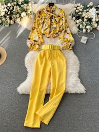 SINGREINY Fashion Printed Suits Women Bow Collar Lantern Sleeve Floral BlouseBelt Solid Long Pants Streetwear Senior Sets 231225