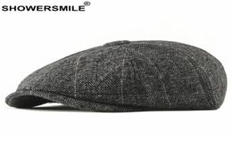 SHOWER Tweed Newsboy Cap Men Wool Herringbone Flat Cap Winter Grey Striped Male British Style Gatsby Hat Adjustable20043856638090