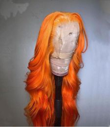 Synthetic Wigs Orange Colored Body Wave Glueless Transparent Lace Front Wig With Preplucked Baby Hair Daily Heat Temperature5056797