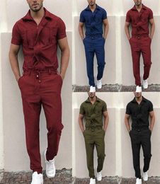 Jumpsuit Men Overalls Casual Fashion Work Wear Men Stylish Short Sleeve Pockets Drawstring Zip Jumpsuit Coverall Work Clothes X0616931833