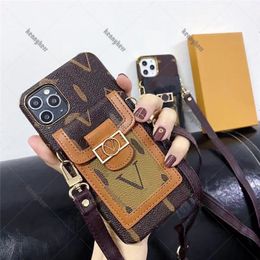 Retro Printed Leather Phone Case For Iphone 15 Pro Max 14pro 14 13 Designers Diagonal Strap Hanging Rope Bracket 12 11promax 11 Phone Case