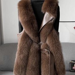 Women Jacket Faux Fur With Blet Sleeveless Pocket V neck Elegant Female Coat 2023 Autumn Winter Fashion Thicken Lady Streetwear 231225