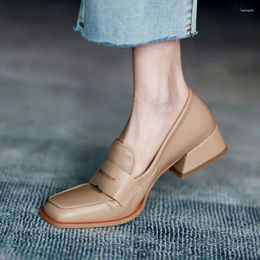 Dress Shoes For Woman Low Heel Elegant Women's Summer Footwear Black Loafers Normal Leather Casual Square Toe With Chic