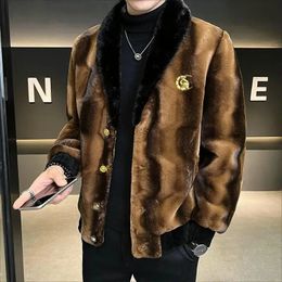 Winter Men High Quality Faux Fur Coat Male Mink Fur Slim V-neck Fashion Outwear Casual Large Size Solid Colour Warm Outcoat 231226