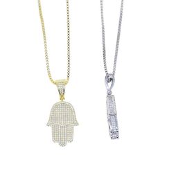 Boy Men Fatima Hamsa Hand Pendant Necklace Iced Out 5A Bling Cubic Zircon Thin Chain Hip Hop Gift Turkish Luck Jewelry255b
