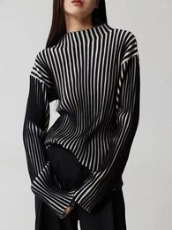 Women's Sweaters Black White Contrast Colour Striped High Collar Sweater Women Skinny Slim Fit Knitting Tops French Advanced Luxury Pullovers