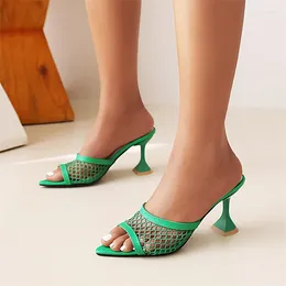 Slippers YQBTDL Fashion Mesh Net Ladies Summer 2023 Green Yellow Pink Pointed Peep Toe Heeled Woman Mules Slides Women Sandals