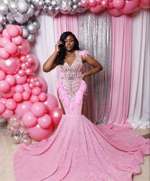 Sequin Feather Mermaid Pink Prom Dresses 2024 Black Girl Elegant Sparkly Beaded Plus Size Evening Ocn Gowns Vestidos De Novia