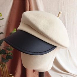 Berets Autumn And Winter Wool Beret PU Leather Hat Brim Ladies Retro Octagonal Casual Fashion