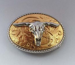 New Arrvial Cowboy Belt Buckle With Gold Colour 3D Sliver Bulls Metal SWBY732 for 4cm wideth snap on belt with continous stock5715139