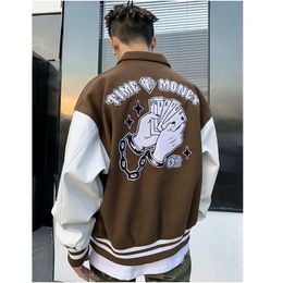 Vintage baseball varsity jacket men leather sleeves brown bomber jacket casual college coat women sheep group embroidered letter 231225