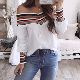 Women's Blouses Spring Casual Colourful Long Sleeve Off Shoulder Top Print Knit Splicing Shirt -CH34
