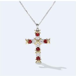 Brand Classic Ins Top Selling Luxury Jewelry 925 Sterling Silver Cross Pendant Ruby White CZ Diamond Party Women Link Chain Neckla201j