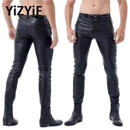 Mens Faux Leather Pants Black Punk Gothic Wet Look Motor Biker Tights Trousers Stretch Club Stage Leggings 231225