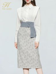 Dress H Han Queen Spring New Women Fashion Twopiece Long Sleeve White Shirt + Jacquard Tight Pencil Skirt Casual Simple Suit Skirt