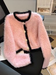 Women's Knits Harajuku Korean Autumn O-Neck Plush Cardigans Cozy Pink Sweater Formal Occasion Luxury Knitted Outerwear Mori Girl Design