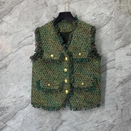 Women's Vests 2023 Fashion High Quality Sleeveless V-neck Beard Trimmed Gold Buckle Wool Celebrity Style Vest Top 1211