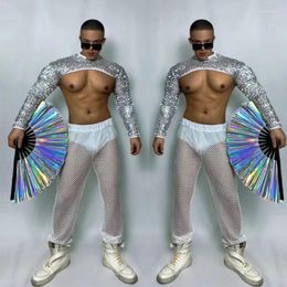 Stage Wear Muscle Man Pole Dance Clothing Gogo Costume Silver Sequins Top Mesh Pants Festival Men Rave Outfit Clubwear XS5052