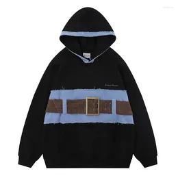 Men's Hoodies Oversized Hip Hop Belt Patchwork Sweatshirts Men Harakuju Streetwear Black Pullover Fleece Lined