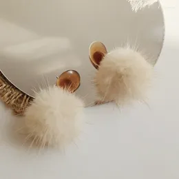 Dangle Earrings 2024 Korean Mink Fluffy Hairball Pompom Drop Femme Gifts Retro Fashion Khaki Jewellery For Women Winter Party