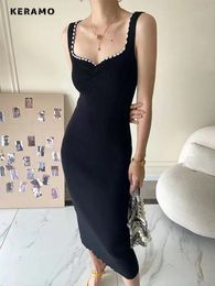 Dresses French Style Knitting Elegant Sleeveless Vneck Patch Designs Dresses 2023 Summer Luxury Slim Sexy Sheath Camisole Club Dress