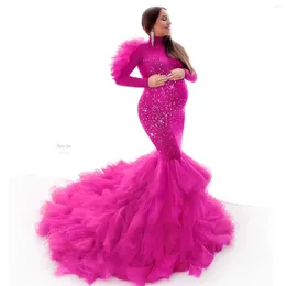 Casual Dresses Elegant Pink Mermaid Maternity For Pregnant Women Glitter Sequins Ruffled Tulle Unique Gown Poshoot