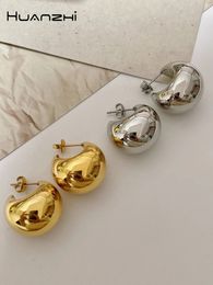 HUANZHI Golden Colour Ball Earrings Semi Circle Thick C Shaped Hollow Minimalist Retro Irregular Orb Studs Chic for Women Jewellery 231226