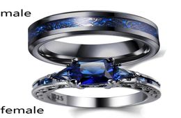 Sz612 TWO RINGS Couple Rings His Hers Blue Zircon Black Gold Filled Women039s Ring Dragon Pattern Stainless Steel Men039s4849716