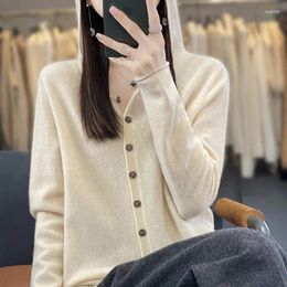 Women's Knits 2023 Pure Wool Autumn Winter With Cap Cardigan Sweaters Cashmere Sweater Women Knitting Korean Fashion Tops Coat