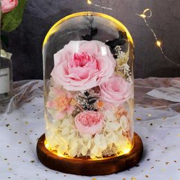 Valentine Mother Day Wedding Party Gift Preserved Rose Immortal Flowers In Glass Dome With Lamp Flowers Home Decoration Q0812226y