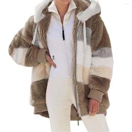 Women's Fur Women Hooded Jacket Coat Winter Fleece Warm Zipper Casual Patchwork Loose Faux Parka Stitching Plaid Clothes Lady Outerwear