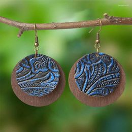 Dangle Earrings Double Layers Round Leather Wood Embossed Vintage Style Retro Jewelry Textured Classic Boho