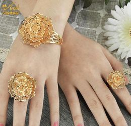 Bangle Dubai Big Bracelets Cuff Bangles Ring Set Gold Plated Flower Design Bridal Wedding Copper Jewelry For Women Gift2968639