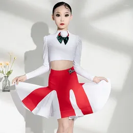 Stage Wear Children'S Performance Dancing Clothes Christmas Latin Dance Costumes Girls White Top Red Skirt Competition SL9519