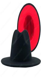 Unisex Outer black Inner Red Wool Felt Jazz Fedora Hats with Men Women Wide Brim Panama Trilby Cap5824157