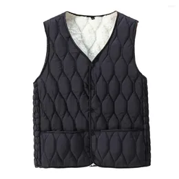 Women's Vests Polyester Vest Fall Winter Padded Plush V Neck Soft Warm Windproof Waistcoat With Rhombus Texture Sleeveless Solid