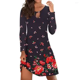 Casual Dresses Women Dress Vintage Floral Printed Soft For Spring 2023 O-neck Long Sleeve Loose Hem Mini Beach Party